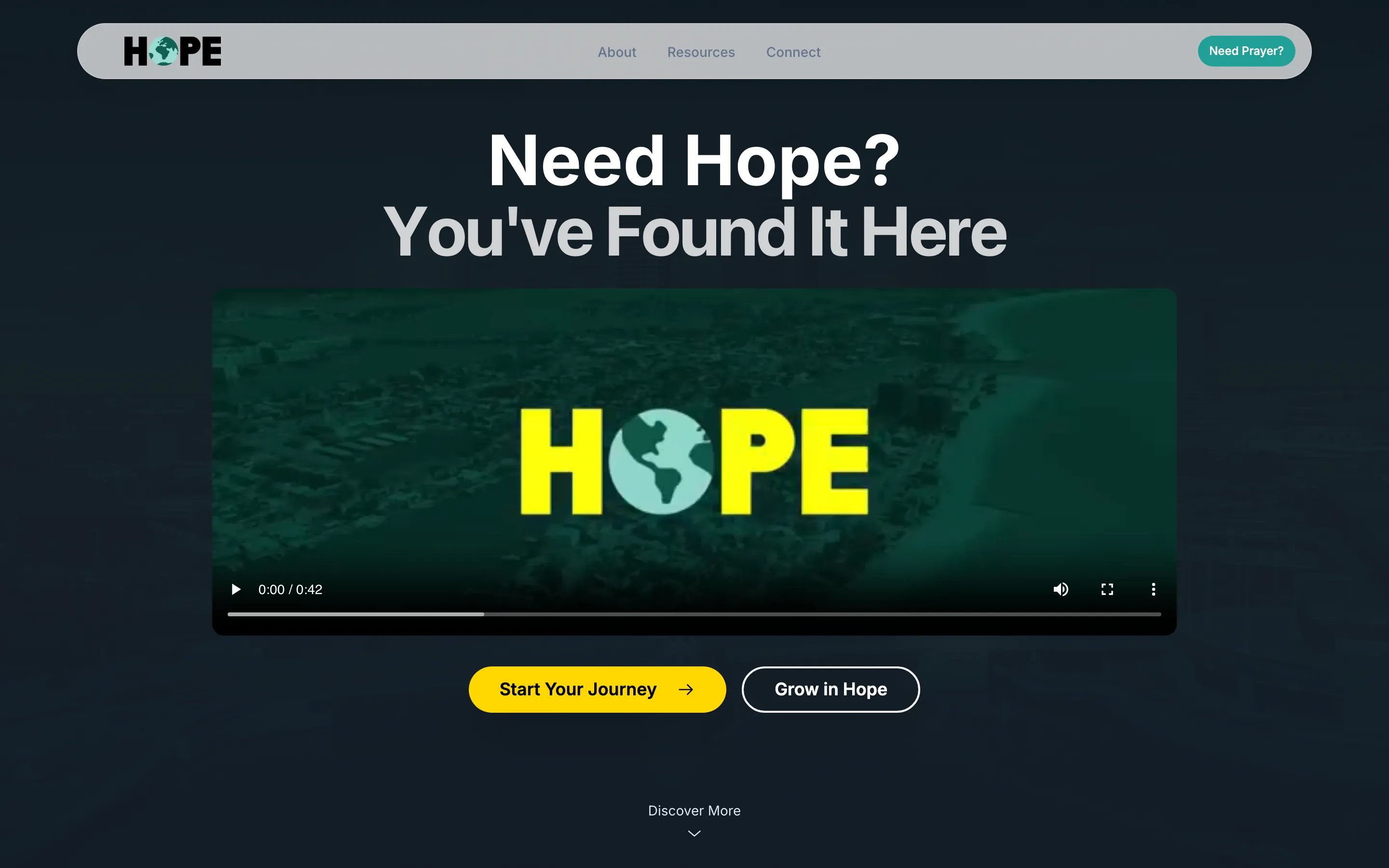 Homepage of the True Hope Church website, with a Need Hope hero and welcome video